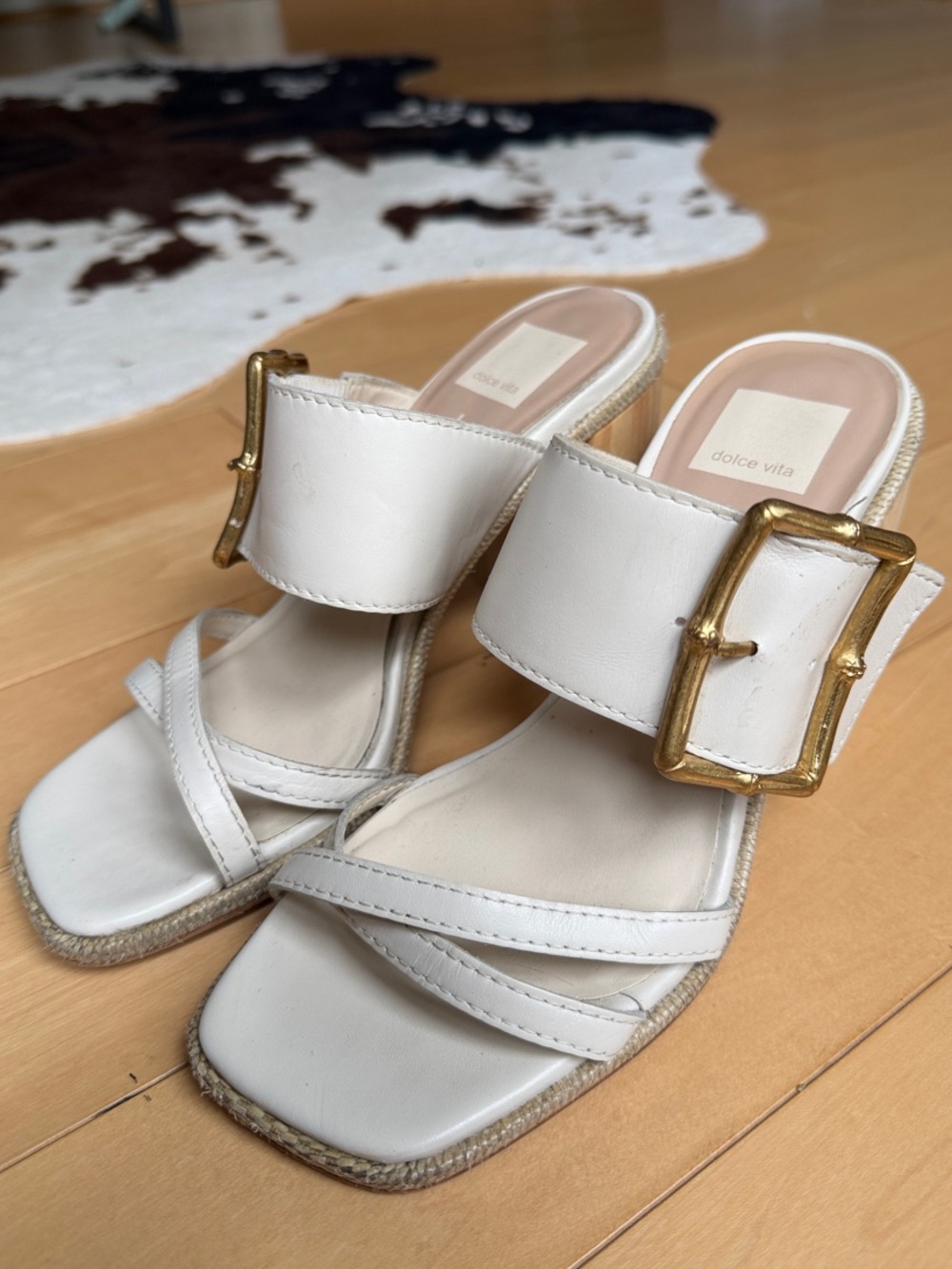 Dolce Vita White Slide Heels with Gold Buckle Accent